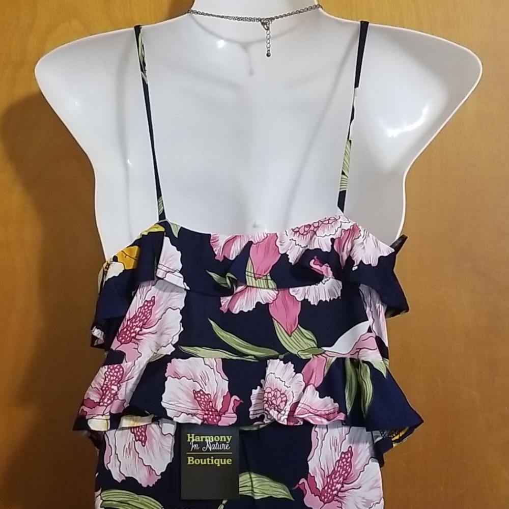 NWT Harmony In Nature 2pc Floral Crop Top High-Low Midi Skirt Set Navy Blue L - Picture 8 of 12